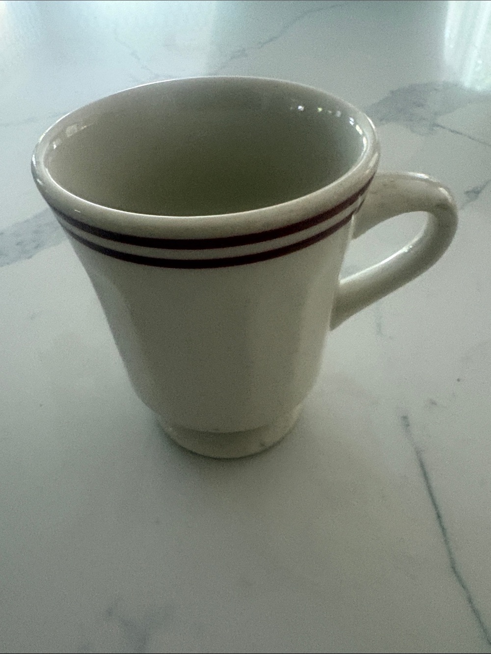 Syracuse China White Ceramic Mug with Maroon Double Rim Accent.